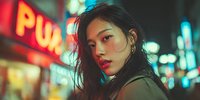 Young Asian woman with dark hair in urban nightlife setting with colorful neon lights and bokeh background creating atmospheric street photography mood.