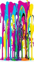 Vibrant multicolored paint dripping and melting downward in flowing streams of magenta, cyan, yellow, purple, green and orange on white isolated background, suitable for contemporary art prints and graphic design projects.