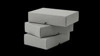 Stack of three gray cardboard boxes isolated on transparent background, ready for T-shirt design, stickers, clipart, print on demand, and sublimation projects.