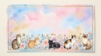 Watercolor cats and flowers border on pastel background, soft pink blue sky, floral frame with cute kittens for greeting card design.
