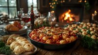 Festive holiday dinner table with homemade meatballs in tomato sauce, fresh bread rolls and burning fireplace creating cozy atmosphere for winter gathering.