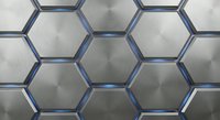 Futuristic metallic hexagon grid with glowing blue neon edges on brushed steel surface, seamless tech background for gaming or sci-fi design.
