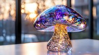 Iridescent glass mushroom decoration with purple and golden reflections glowing in sunset light against window background, creating magical atmosphere.