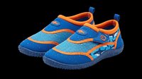 Pair of blue and orange children's water shoes with mesh panels and pull tabs, isolated on transparent background, ready for clipart, t-shirt design, print-on-demand, stickers, and sublimation projects.