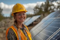 Smiling female solar panel installer in safety vest and hard hat working at renewable energy installation site against cloudy sky background.