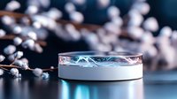 Glowing smart device with plasma energy effect on dark background near white willow branches, modern technology concept for smart home control.