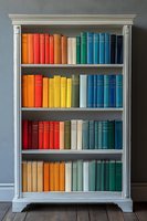 Colorful books arranged by spectrum colors on white wooden bookshelf against gray wall, creating rainbow effect across four shelves. For interior design and education.