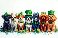 Festive dogs wearing St Patrick's Day green hats, bow ties and shamrock decorations lined up together against white background, holiday celebration theme.