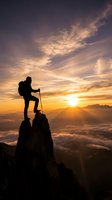 Silhouetted hiker with trekking pole stands atop rocky peak at sunrise, overlooking sea of clouds and golden sky. Adventure and mountaineering concept.
