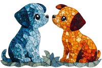 Mosaic style puppies in blue and orange colors sitting together, artistic stained glass effect pattern with geometric fragments on white background.