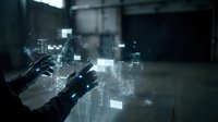 Robotic hands manipulate glowing digital data cubes and holographic interface elements in futuristic workspace environment for technology and innovation concepts.