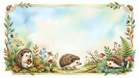 Watercolor hedgehogs in a floral forest frame with mushrooms and acorns, soft pastel background with copy space for text or greeting cards.