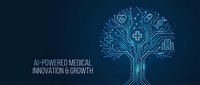 Digital healthcare technology tree with medical icons and circuit patterns representing AI-powered innovation and growth in modern medicine.