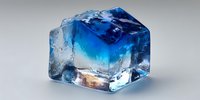 Translucent blue ice cube with frozen bubbles and crystal clear edges on neutral background for cooling and refreshment concepts.