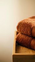 Rolled brown towels stacked in wooden basket on neutral background, suitable for spa, hospitality, bathroom and wellness design projects.