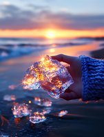 Glowing ice crystal held in hand against dramatic ocean sunset, with light refracting through frozen water creating magical golden and blue hues on winter beach.