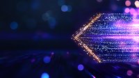 Glowing digital arrow made of light particles moving left against dark background with blue and purple bokeh effects, representing digital transformation.