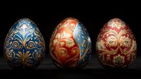 Ornate Easter eggs with intricate gold floral patterns on blue and red backgrounds arranged in row on dark surface. Traditional Slavic decorative art style.