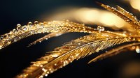 Delicate golden wheat stalks with morning dew drops glistening in sunlight against dark background, creating magical bokeh effect and natural macro photography art.