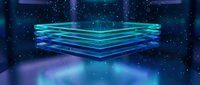 Futuristic holographic platform with neon blue glowing lines floating in cosmic space with stars and nebula background for sci-fi technology concepts.