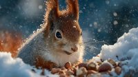 Adorable red squirrel sitting in snow with nuts during winter snowfall, fluffy tail and bright eyes visible in cold weather forest scene.