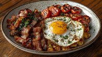 Hearty breakfast plate with crispy bacon strips, sunny side up egg garnished with herbs, and roasted cherry tomatoes served on rustic ceramic dish on wooden table.