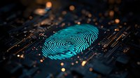 Glowing blue fingerprint scan on dark circuit board with golden bokeh lights, representing digital security technology and biometric authentication.