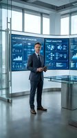 Professional businessman in suit presenting AI workflow optimization and smart analytics data on digital screens in modern corporate office environment.