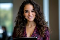 Young mixed race businesswoman with long curly dark hair and bright smile holding digital tablet, wearing purple floral blouse in modern office setting.