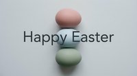 Pastel Easter eggs stacked vertically beside Happy Easter text on white background, minimalist spring holiday greeting card design.