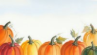 Watercolor autumn pumpkins border with orange and yellow gourds and leaves on white background for seasonal harvest decorations and fall designs.