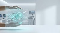 Hands holding glowing digital DNA helix hologram in modern medical laboratory with advanced technology equipment for genetic research and biotechnology innovation.