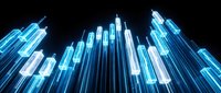 Futuristic neon blue skyscrapers with glowing lines against dark background, representing modern city architecture and digital technology concepts.