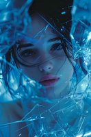 Asian woman with pink lips surrounded by shattered glass fragments in blue neon lighting creating dramatic atmosphere and ethereal mood.