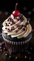 Chocolate cupcake topped with swirled vanilla buttercream frosting, mini chocolate chips and fresh red cherry on dark background with bokeh lights.
