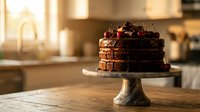 Decadent chocolate layer cake topped with fresh berries on elegant pedestal stand in warm sunlit kitchen setting for celebrations and special occasions.