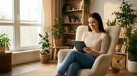 Young Hispanic woman relaxing in cozy armchair reading tablet device in bright living room with houseplants and wooden shelves for home lifestyle content.