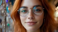 Young redhead woman wearing round glasses smiling with natural makeup and freckles against blurred bokeh background, close up portrait with soft lighting.