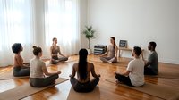 Group meditation class in bright studio with diverse people sitting cross-legged on wooden floor practicing mindfulness and wellness together.