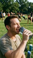 Adult male with dark hair and facial hair, Caucasian ethnicity, drinking water from a bottle during outdoor recreational activity in a park setting with blurred groups of people exercising in background.