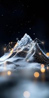 Digital mountain peak with glowing network connections against dark starry background, surrounded by bokeh light effects.