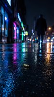 Wet urban street at night with neon signs reflecting on pavement, silhouetted figure walking in distance, vibrant blue and pink lighting, moody cyberpunk atmosphere for noir and sci-fi projects.