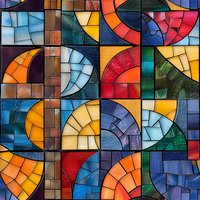 Vibrant stained glass mosaic pattern with geometric circles and curves in bright colors. Abstract modern church window design perfect for religious or decorative backgrounds.