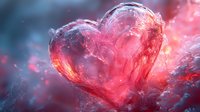 Glowing red heart shape formed by cosmic energy swirls against dark blue background, symbolizing passion and love in abstract art.