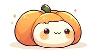 Cute cartoon pumpkin character with kawaii face and round shape, designed for autumn seasonal graphics and Halloween themed digital content.