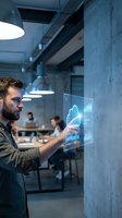 Professional businessman using futuristic holographic display interface in modern office environment for data analysis and business presentations.