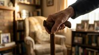 Senior man with wrinkled hand holding wooden cane in warm home library setting with bookshelves and furniture, representing aging, mobility assistance, and retirement lifestyle.