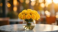 Fresh yellow roses arranged in clear glass vase on table with warm golden bokeh lights creating romantic atmosphere for home decor and special occasions.