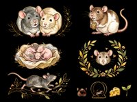 Cute watercolor rats and mice clipart set, isolated on transparent background. Includes couples, babies, wreath, and accessories. Great for stickers, t-shirt design, print on demand.