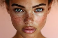Close-up portrait of young woman with freckles, blue eyes, and natural makeup against soft pink background. Suitable for beauty, skincare, and cosmetics marketing.